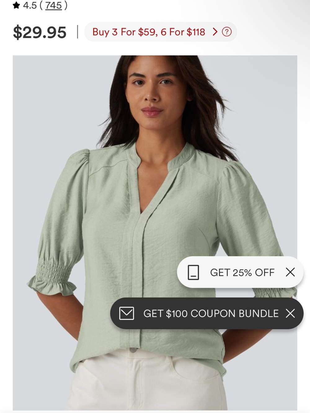 HALARA Sage Green V-Scoop Puff Sleeve Blouse
